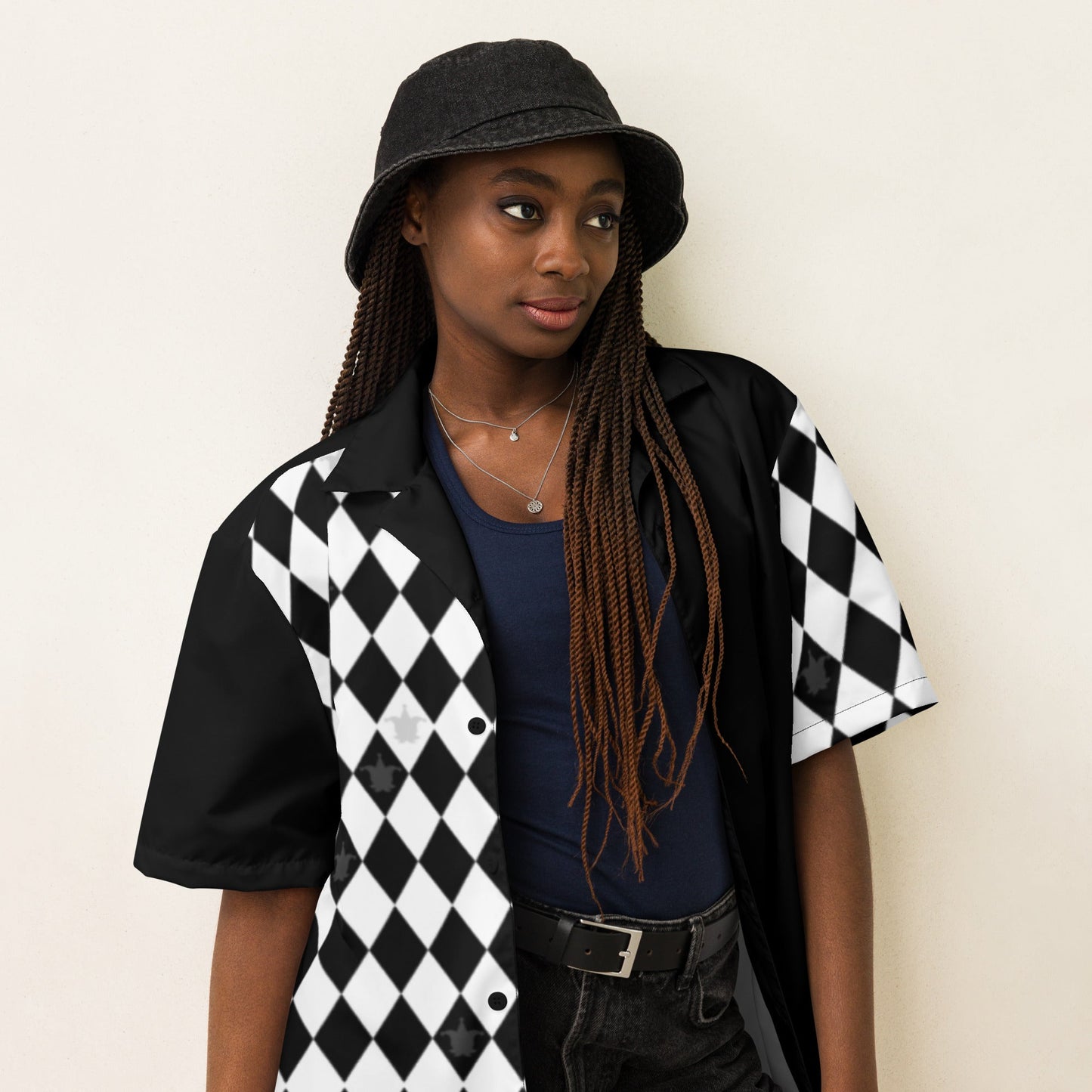 Jester Pattern Black and White Goth Clowncore Unisex button shirt 2XS - 6XL