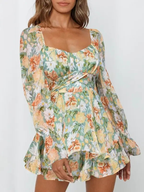 Lovely Floral Sweetheart Puff Sleeve Romper Green