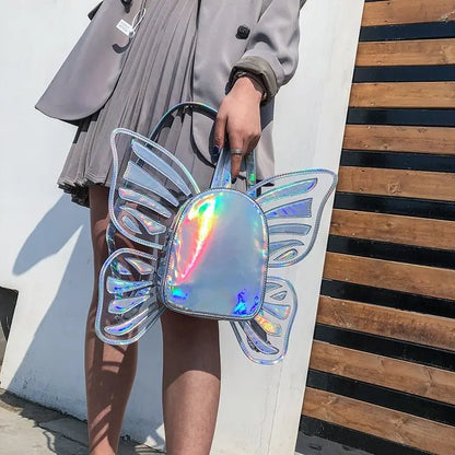 Kawaii Holographic Leather Mini Backpack Butterfly Wings Silver 40x8x40cm