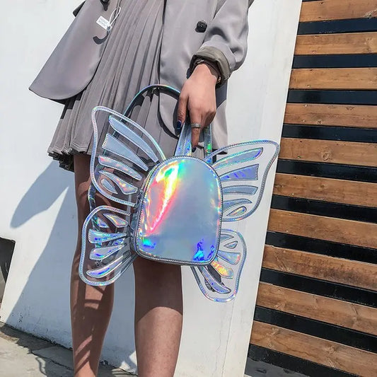 Kawaii Holographic Leather Mini Backpack Butterfly Wings Silver 40x8x40cm