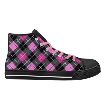 Pink Plaid Womens High Top Canvas Shoes - Image #14