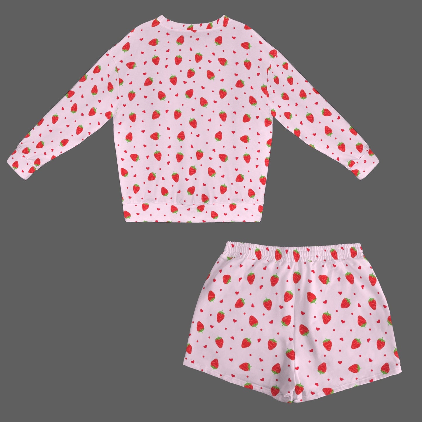 Women's Strawberry Print Long Sleeve Fleece Sweatshirt & Drawstring Shorts Set