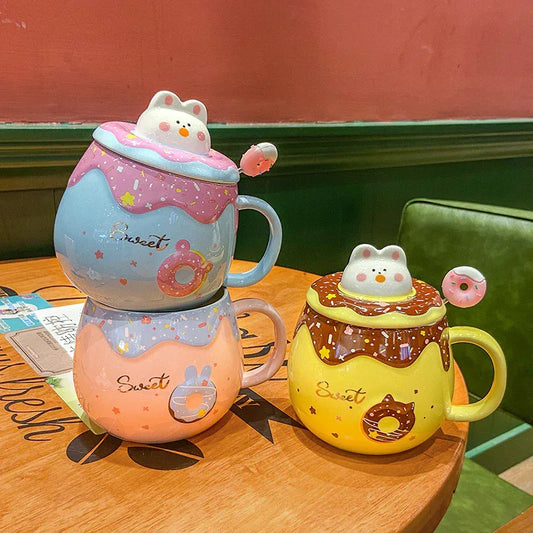 Sweet Sprinkle Donut Mug – With Lid & Spoon (Colors) - Puppy's Aesthetics