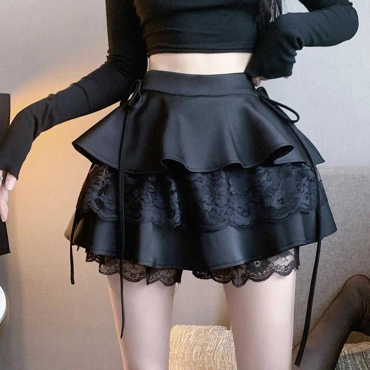 Kawaii Pink Ruffle Mini Skirt Black