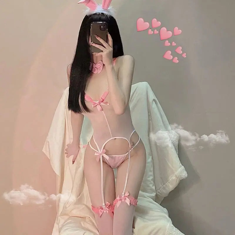 Sheer Bunny Girl Lingerie Set Pink One Size