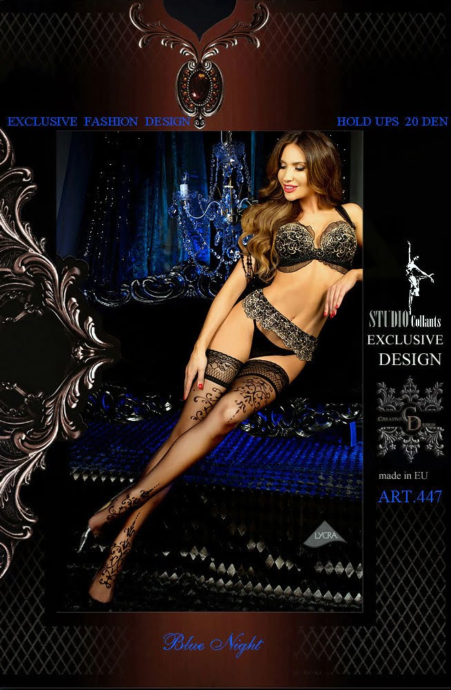 Hold Ups with Lace Trim and Swirly Pattern (Black)