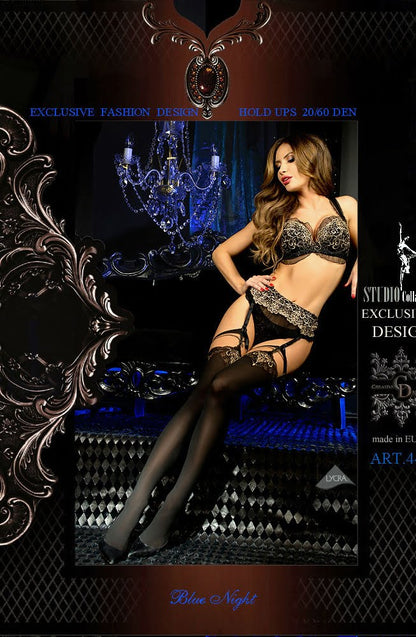 Hold Ups with Gold Embroidery (Black/Skin)