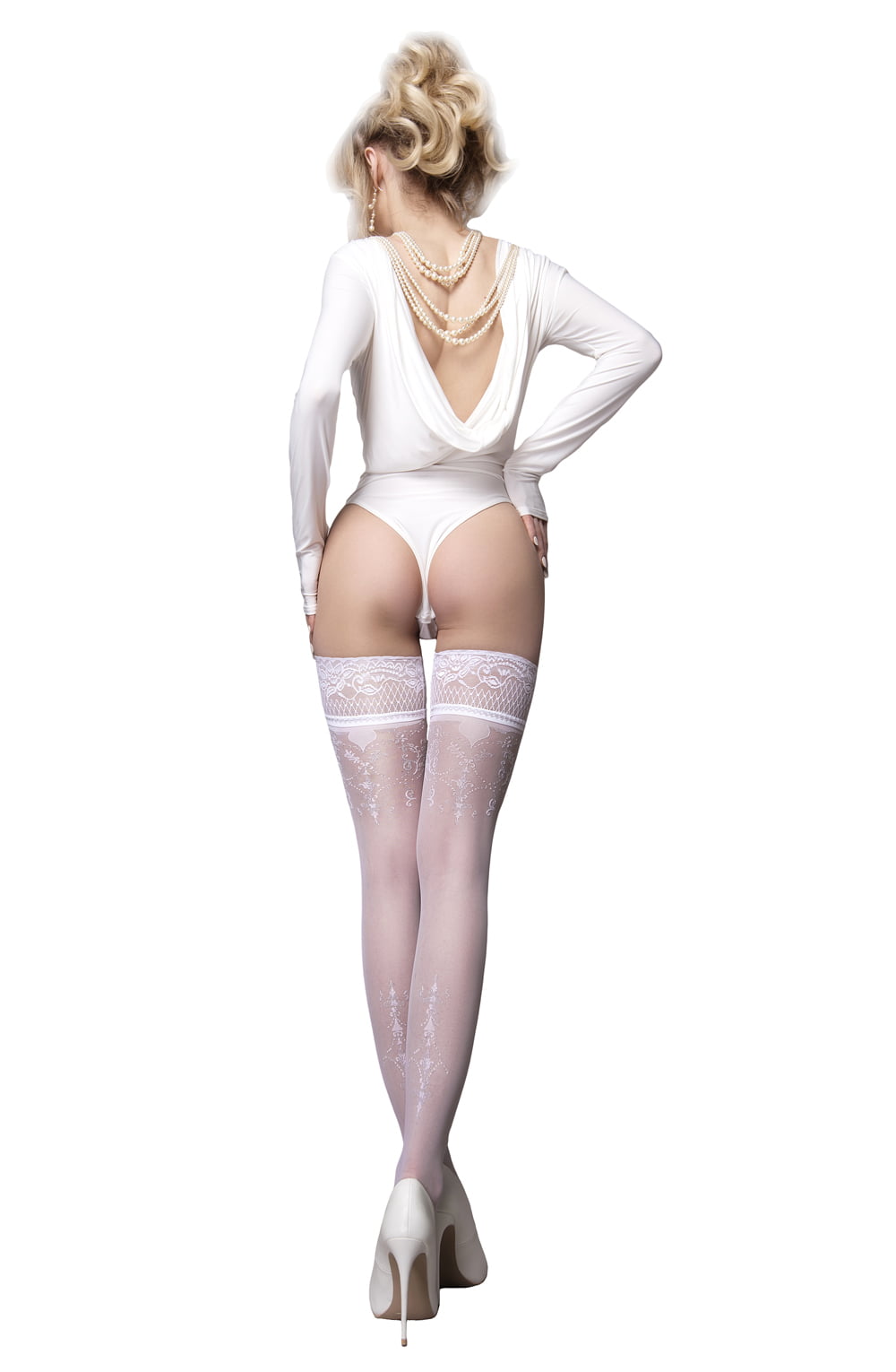 White Hold Ups with Delicate Calf and Thigh Detailing (White)