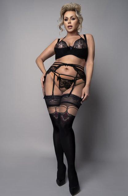 Hold Ups Plus Size with Faux Suspender Detail (Black/Skin)