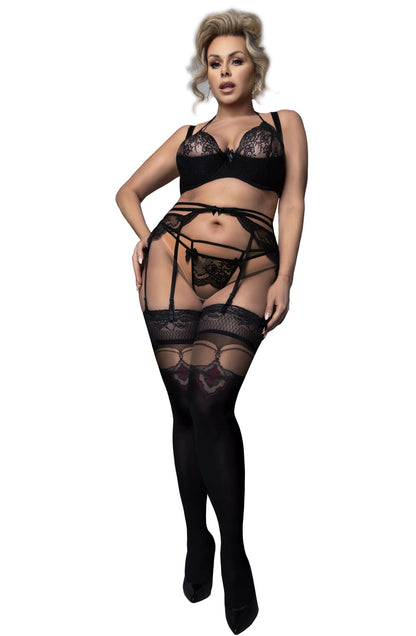 Plus Size Black Hold Ups with Faux Suspender Detail (Black)