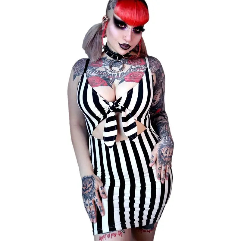 Striped Sexy Gothic Bodycon Dress Black