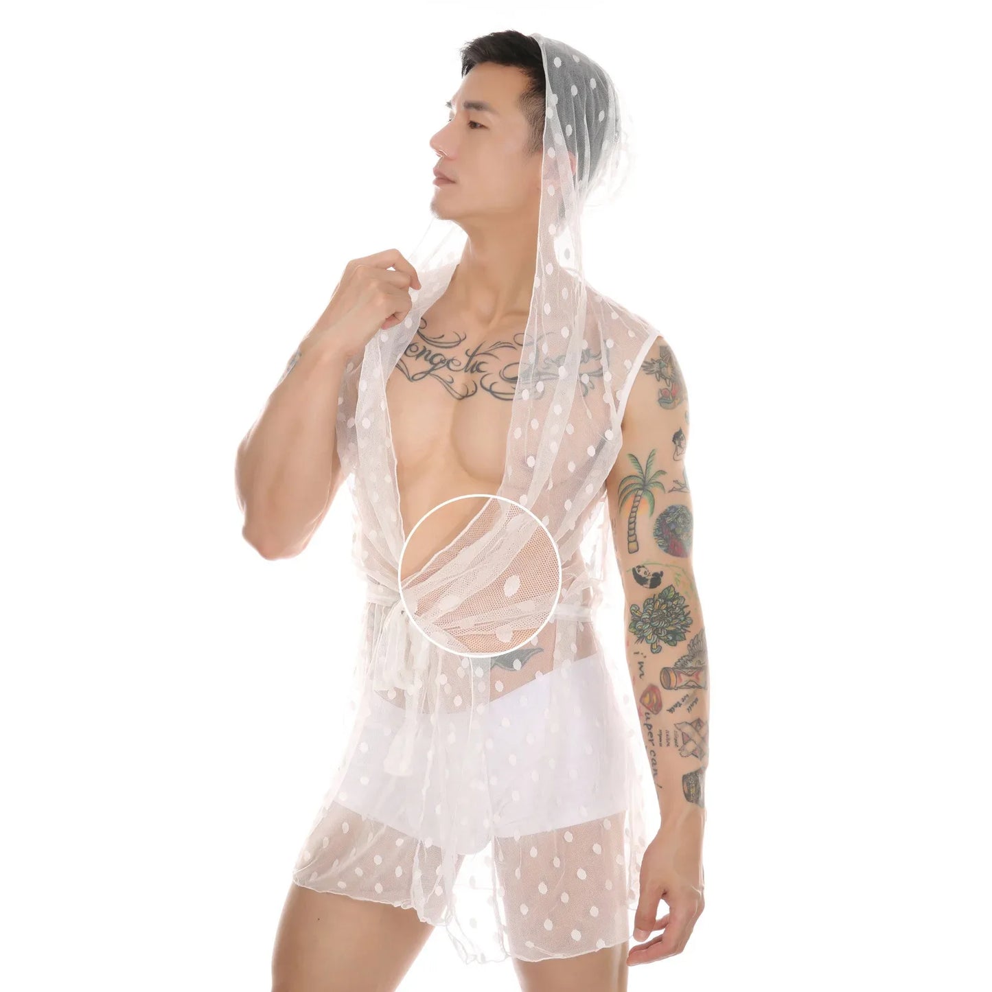 Midnight Whispers Men’s Lace Mesh Bathrobe - Puppy's Aesthetics