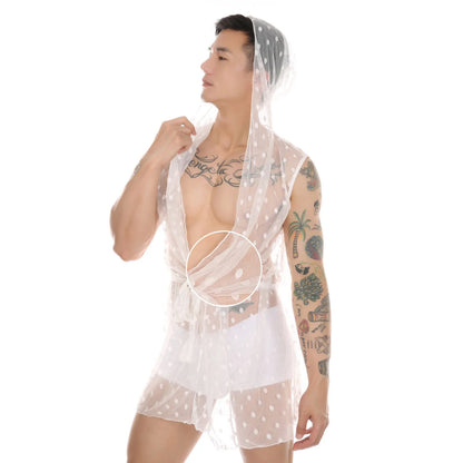 Midnight Whispers Men’s Lace Mesh Bathrobe - Puppy's Aesthetics