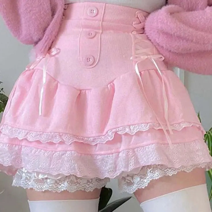 Pretty Lolita Style Sweet Pink Lace Trim Skirt