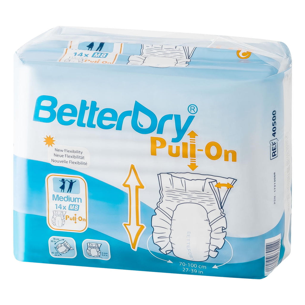 Pack of BetterDry Pull-On diapers on a white background