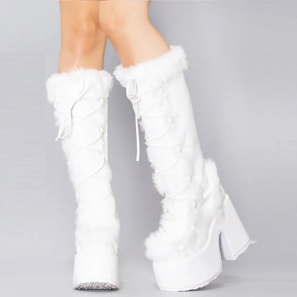 Sweet Furry Platform Chunky High Heeled Boots White PU