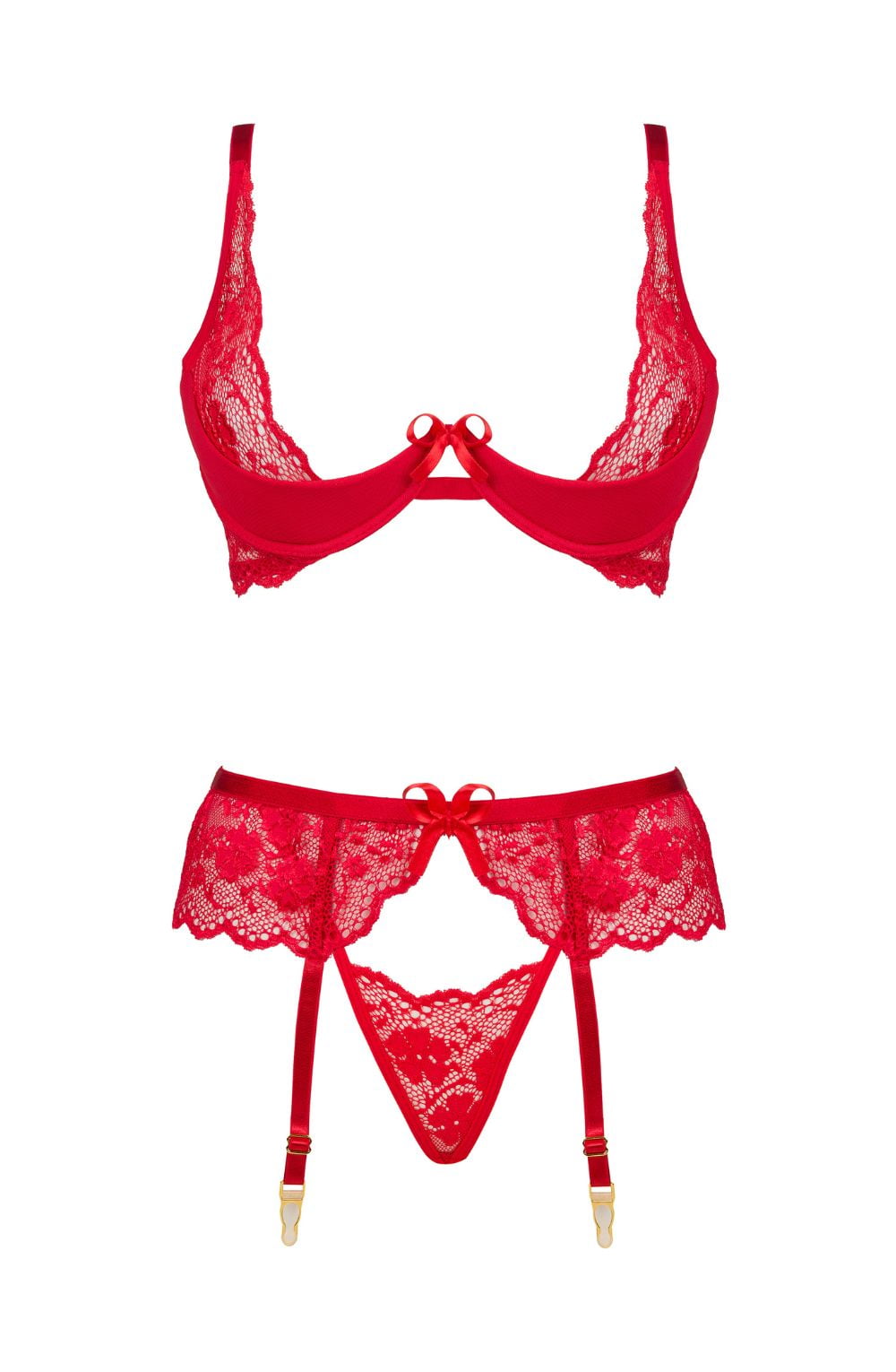 Rose Lingerie Set Bra Thong Garter Belt (Red)