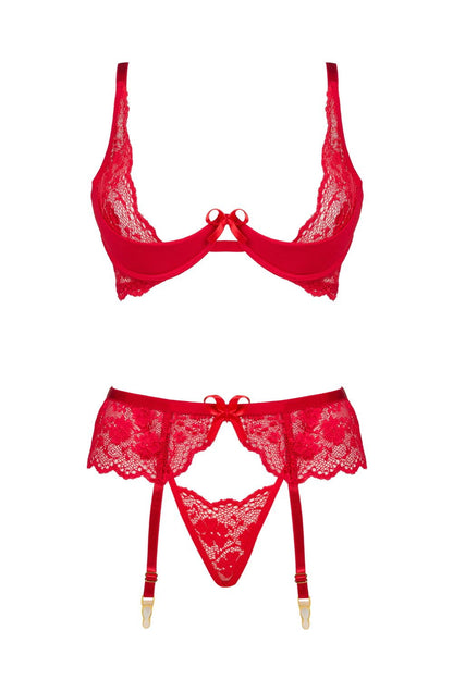 Rose Lingerie Set Bra Thong Garter Belt (Red)