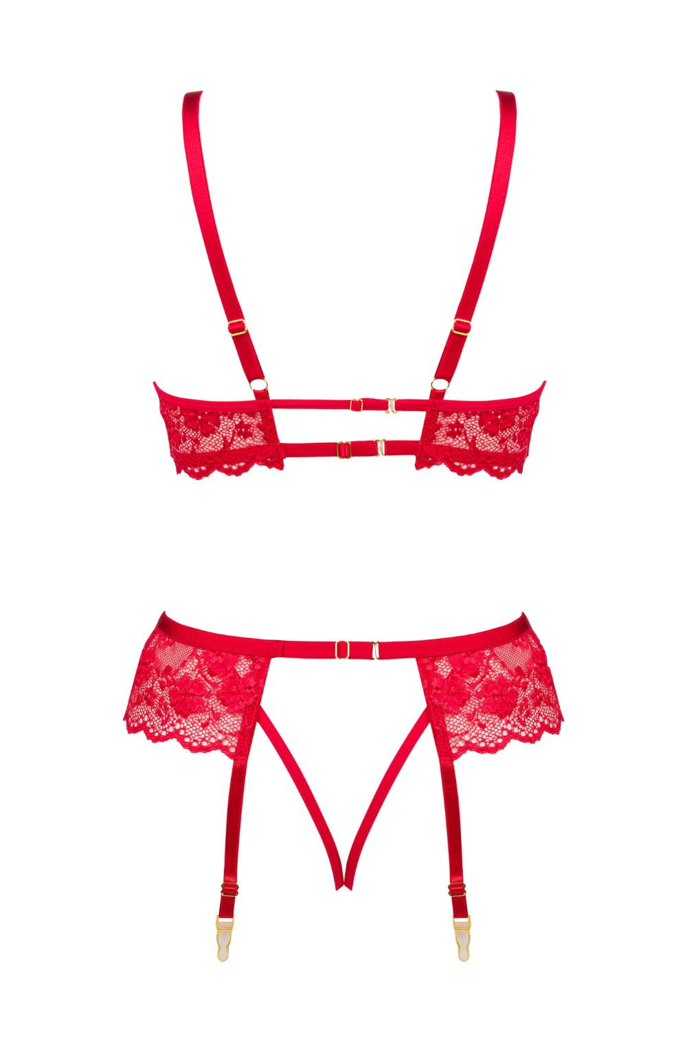 Rose Lingerie Set Bra Thong Garter Belt (Red)