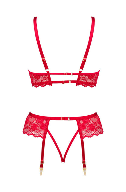 Rose Lingerie Set Bra Thong Garter Belt (Red)