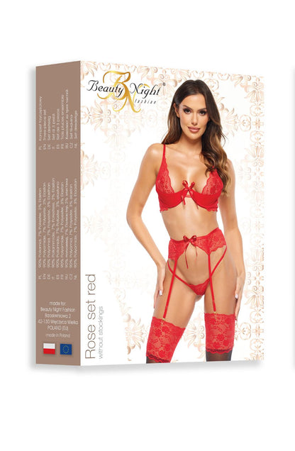 Rose Lingerie Set Bra Thong Garter Belt (Red)