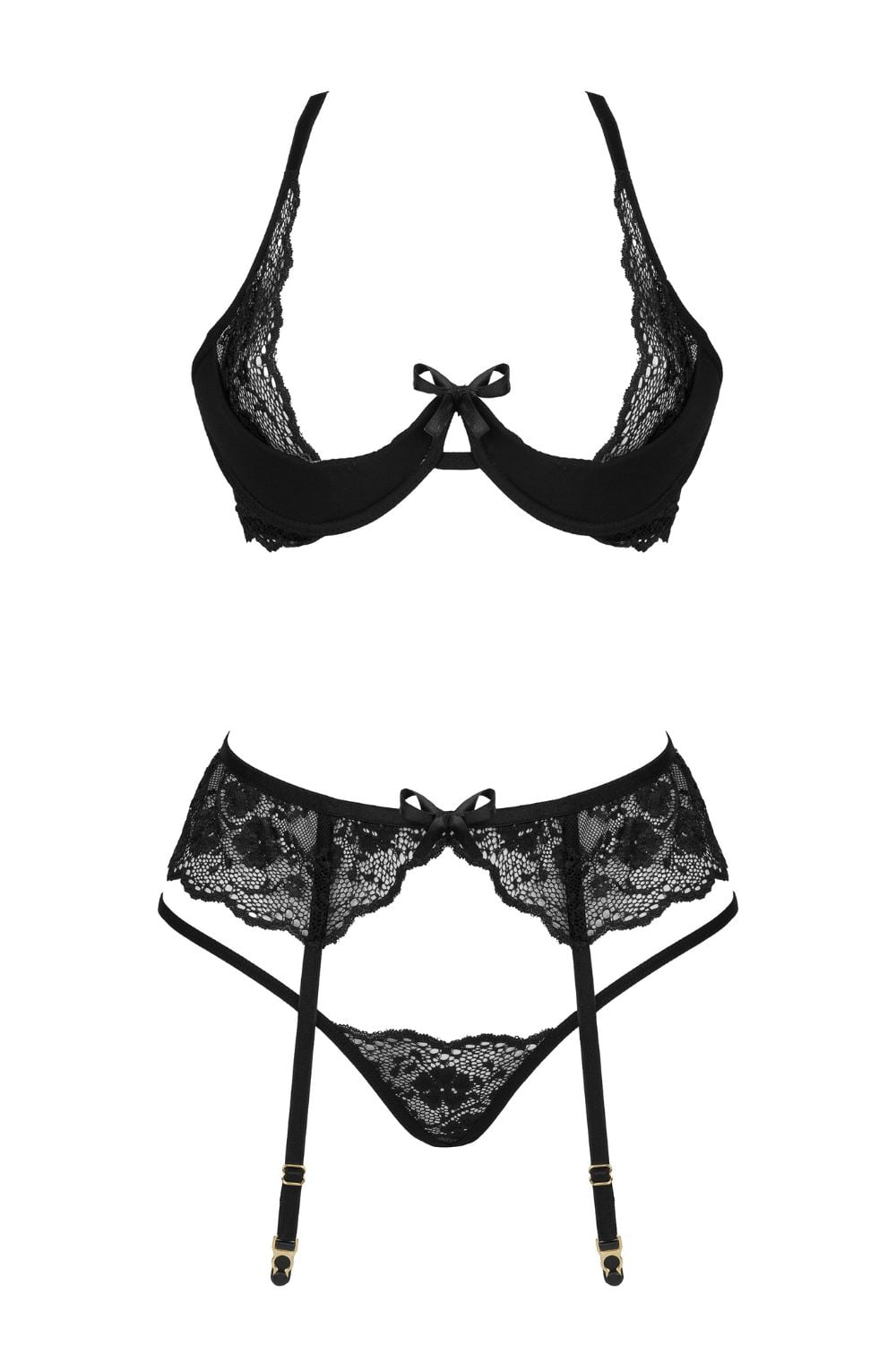 Rose Lace Bra Thong Garter Set (Black)