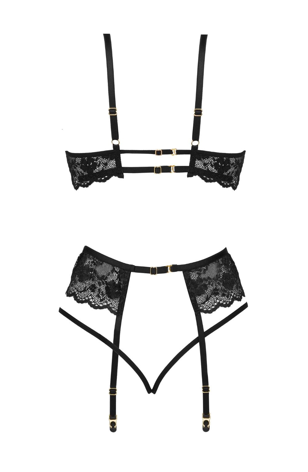 Rose Lace Bra Thong Garter Set (Black)