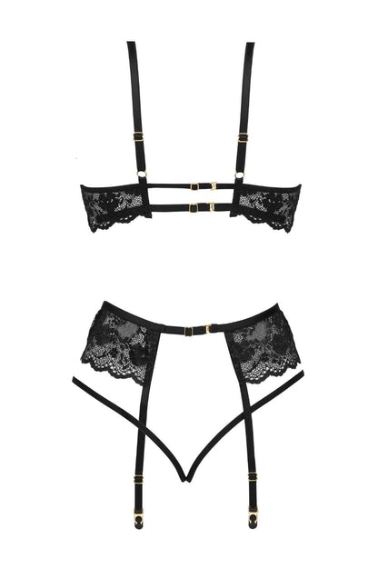 Rose Lace Bra Thong Garter Set (Black)