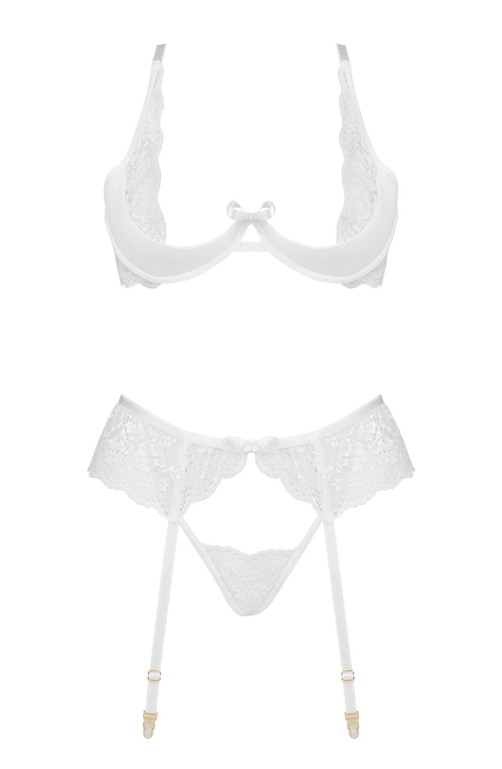 Rose Lingerie Set Bra Thong Garter Belt (White)