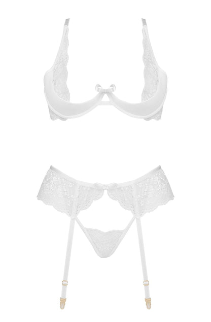Rose Lingerie Set Bra Thong Garter Belt (White)