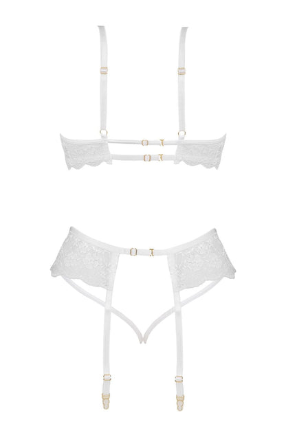 Rose Lingerie Set Bra Thong Garter Belt (White)