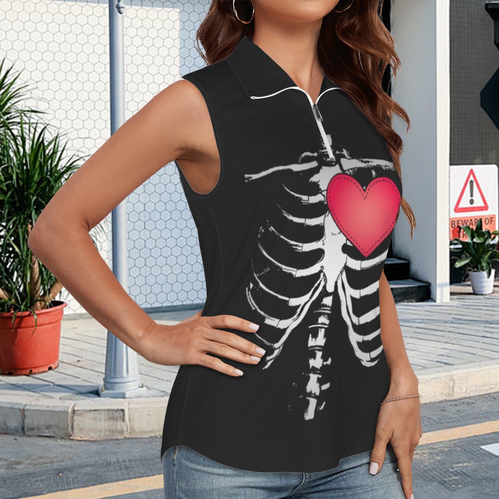 Women's Skull Heart Print Lapel Zip Up Sleeveless Active Tops