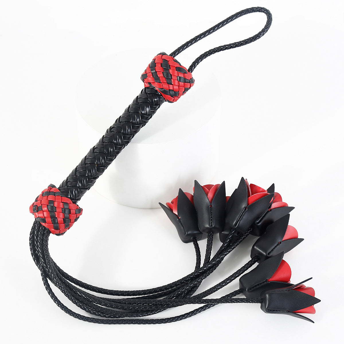 Thorned Obedience Rose Whip – Black & Red Leather