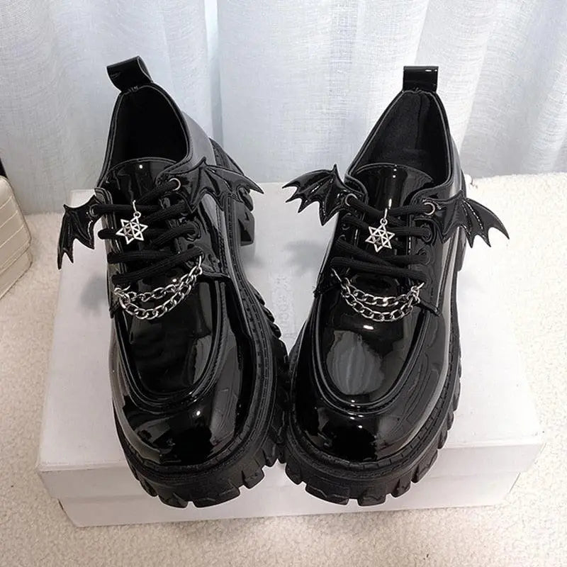 Metal Chain Platform Gothic Lolita Shoes Black Patent Leather
