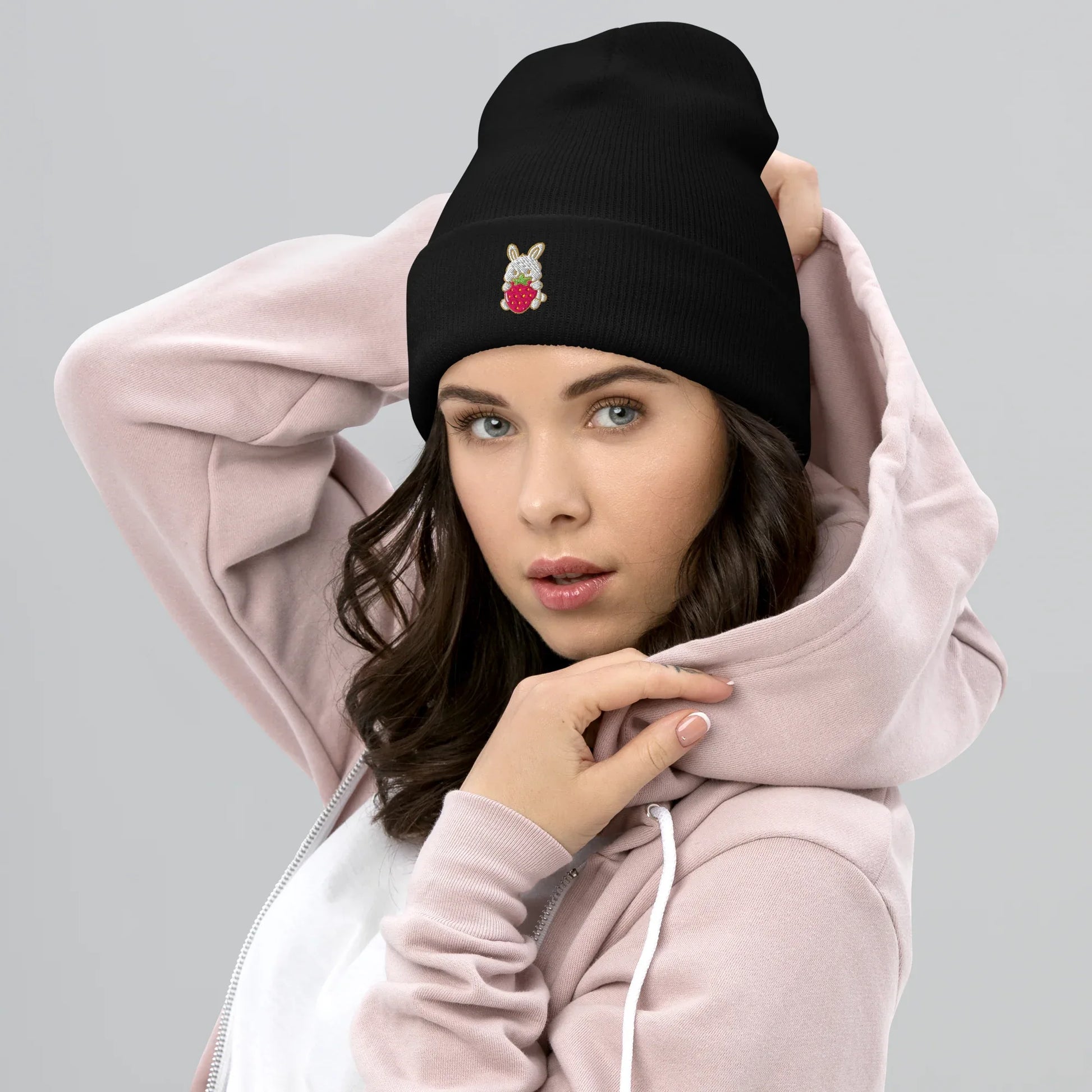 Strawberry Bunny Cuffed Beanie - Puppy's Aesthetics