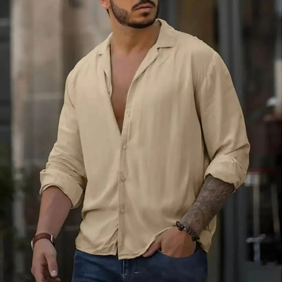 Trendy Men's Long-Sleeved Shirt (Colors) Khaki