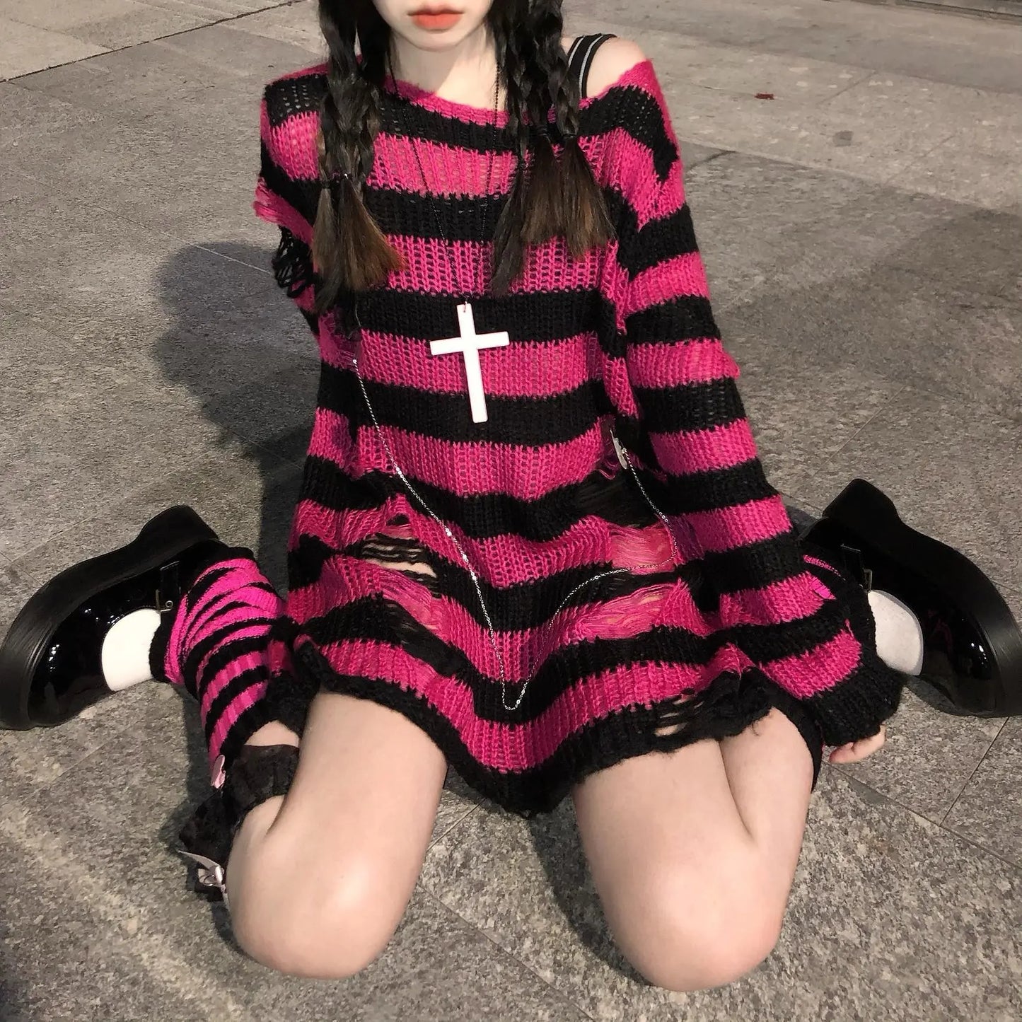 Pink Striped Gothic Sweater Rose long One Size