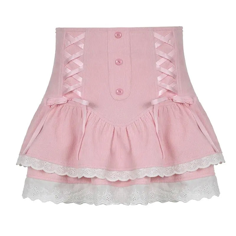 Pretty Lolita Style Sweet Pink Lace Trim Skirt Pink