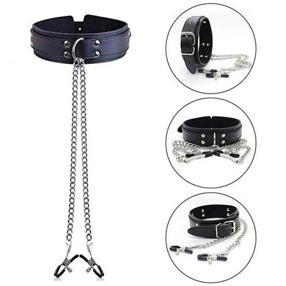 Leather Collar Nipple Clamps with Chain