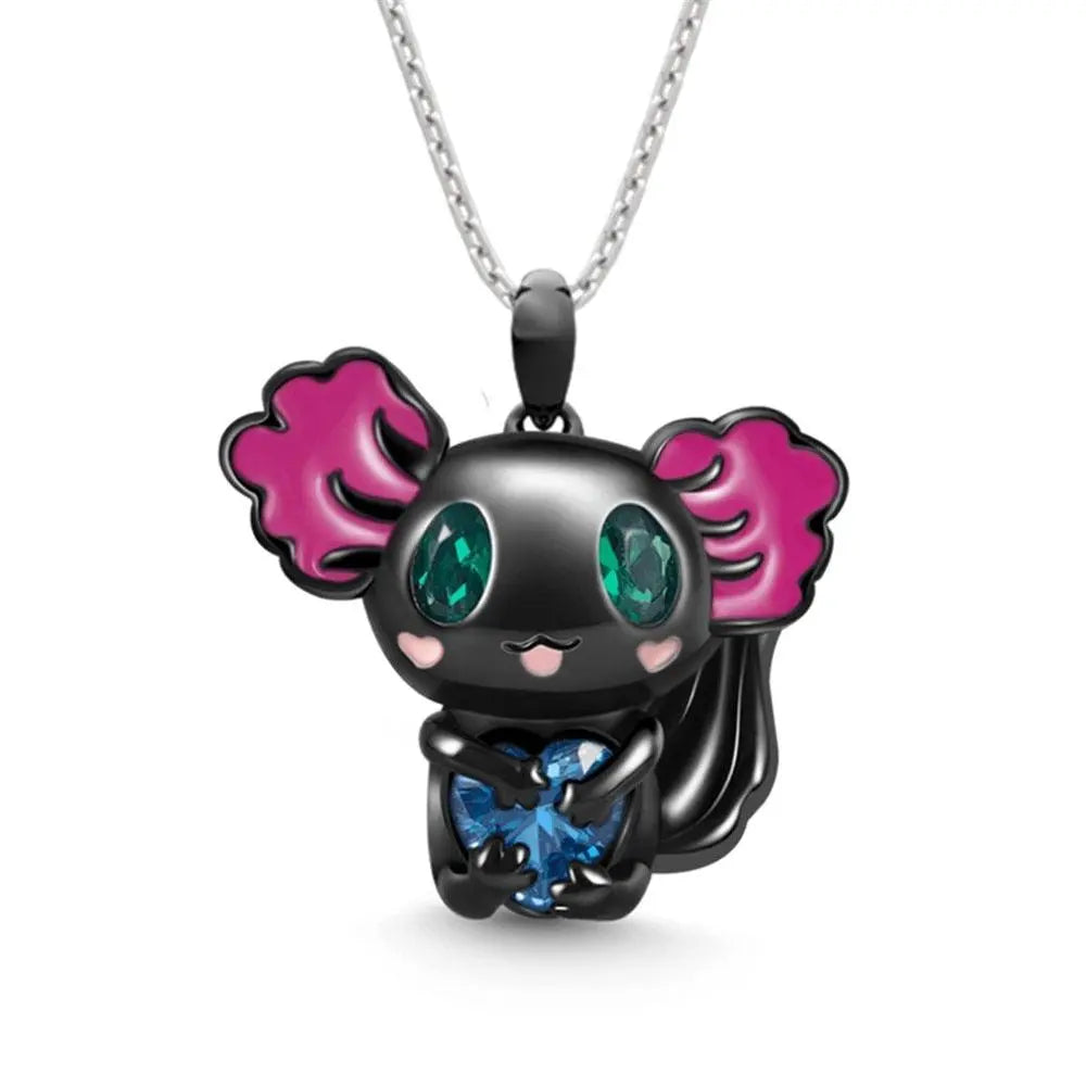 Pretty Axolotl Heart Rhinestone Necklace Black