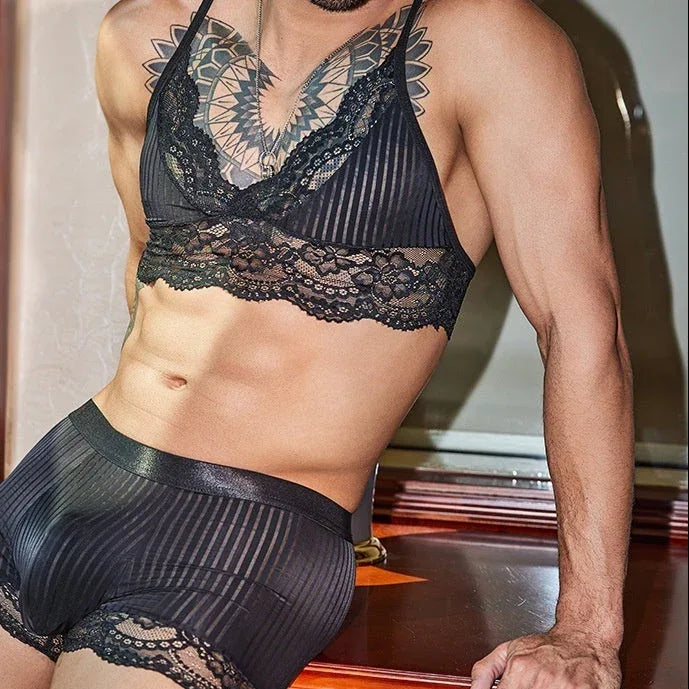 Lace Desire Men’s Striped Bra Set - Puppy's Aesthetics