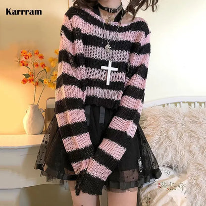 Pink Striped Gothic Sweater Pink short One Size