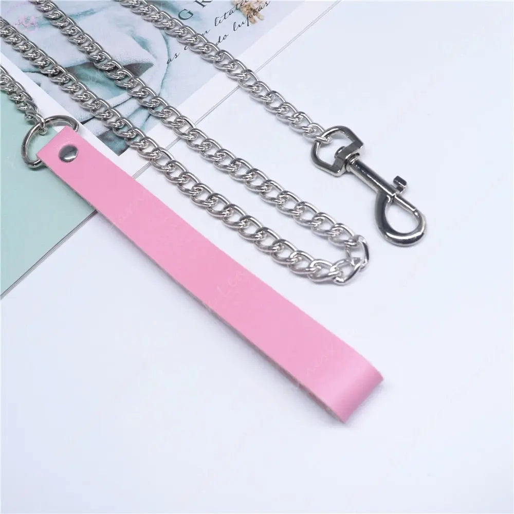 Sexy Pink Leather Stainless Steel Leash