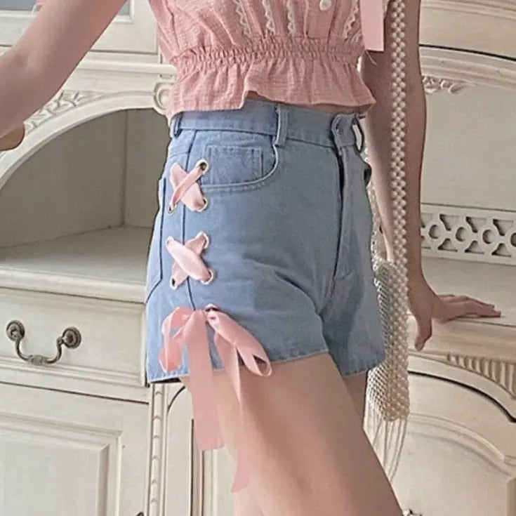 Sweet Pink Bandage Denim Shorts