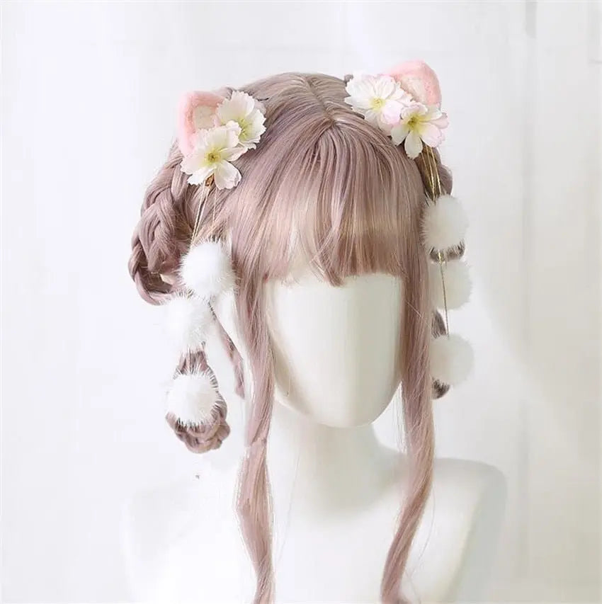 Lolita Kitty Ear Tassel Flower PomPom hairpin 2