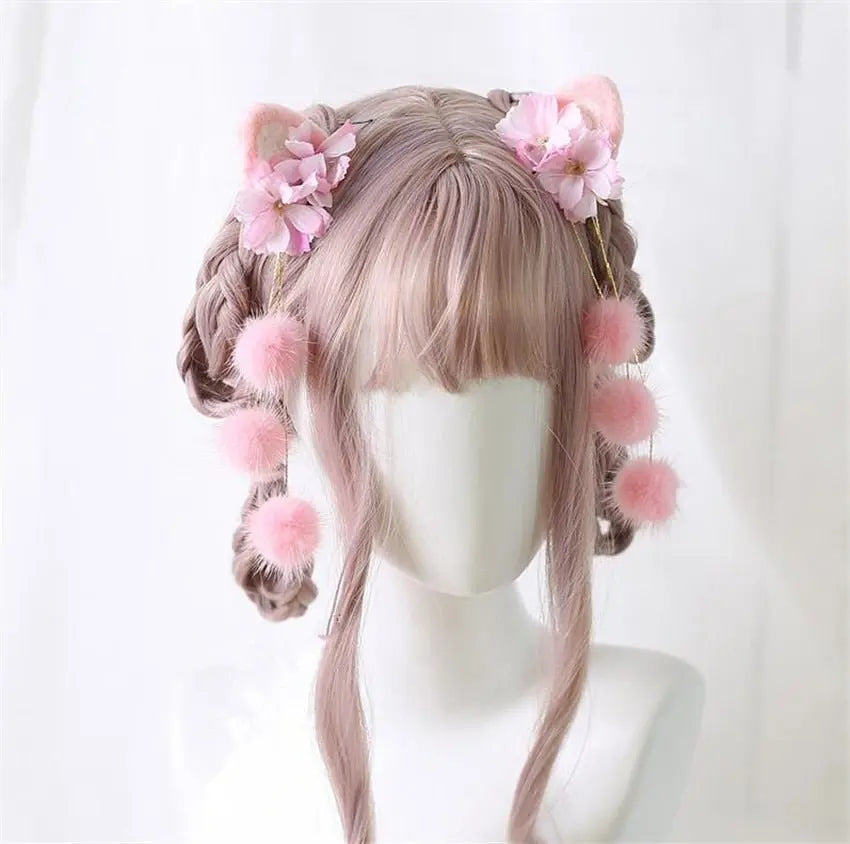 Lolita Kitty Ear Tassel Flower PomPom hairpin 4