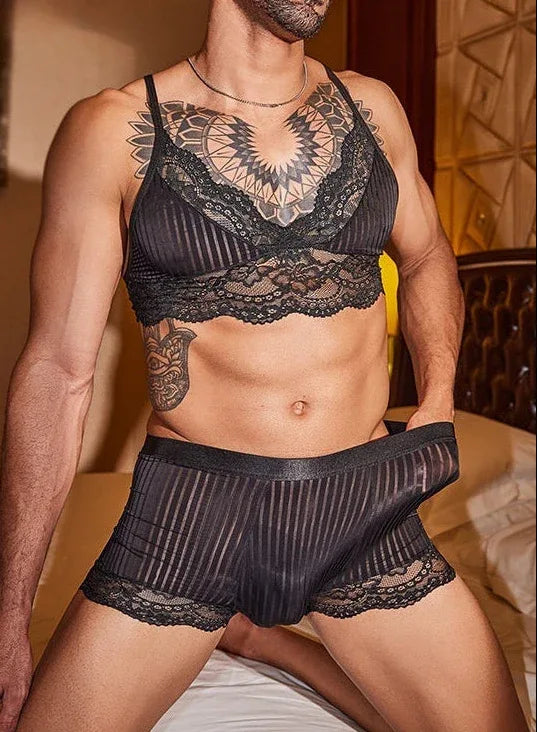 Lace Desire Men’s Striped Bra Set - Puppy's Aesthetics