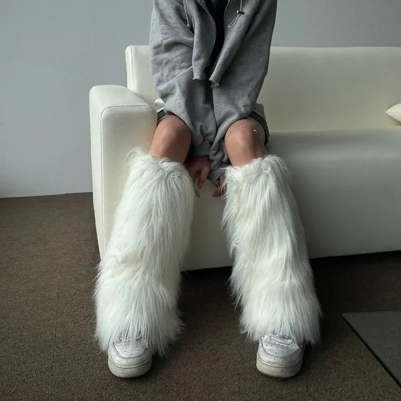 White Faux Fur Leg Warmers white40cm One Size