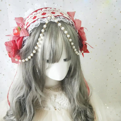 Soft Girl Red Plaid Bow Lace Strawberry Whith Chain