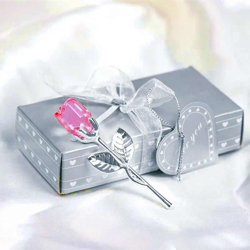 Valentines Day Gift Crystal Glass Rose pink silver-box